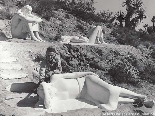 Antone Martin works on his Garden of Gethsemane figures in 1955.